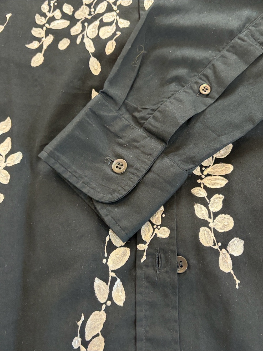 Dries Van Noten Black Button-Down Shirt with White/Silver hand paint Leaf Motif - Picture 6 of 11